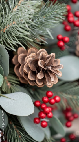Beautiful holiday centerpiece with pinecones and red berries for festive deco...