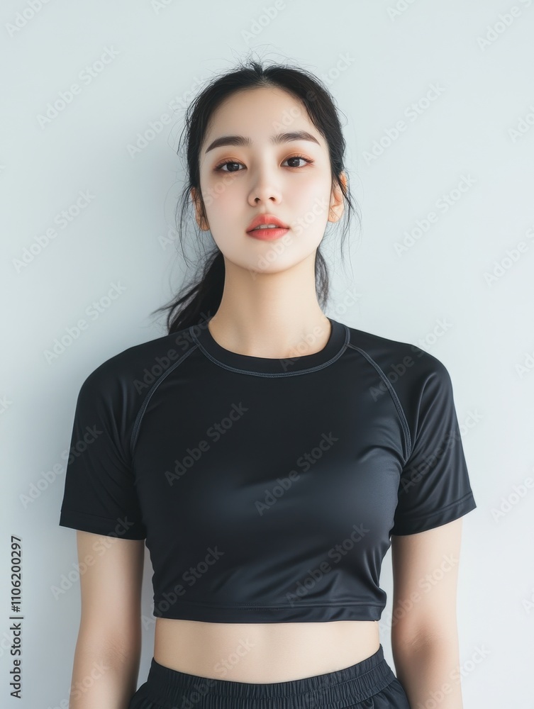 Fototapeta premium Young Korean Woman Posing in Fitness Clothing Against Wall