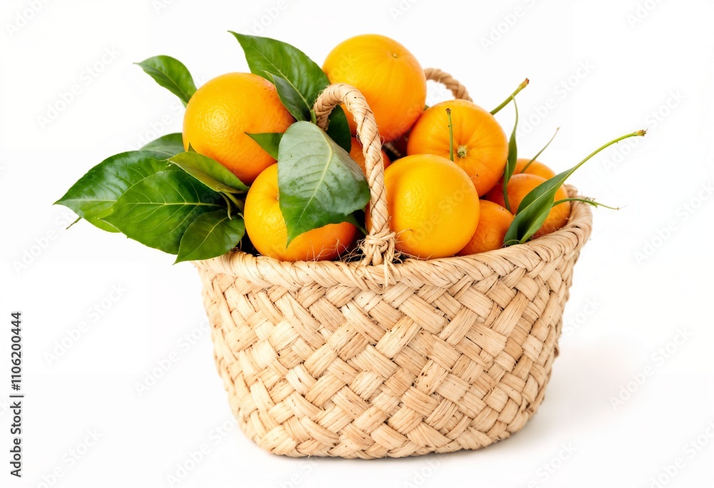 Fresh Oranges in a Woven Basket With Vibrant Green Leaves Fresh Oranges in a Woven Basket With Vibrant Green Leaves