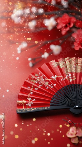 Beautiful red fan rests on a vibrant surface with decorative branches in the ...