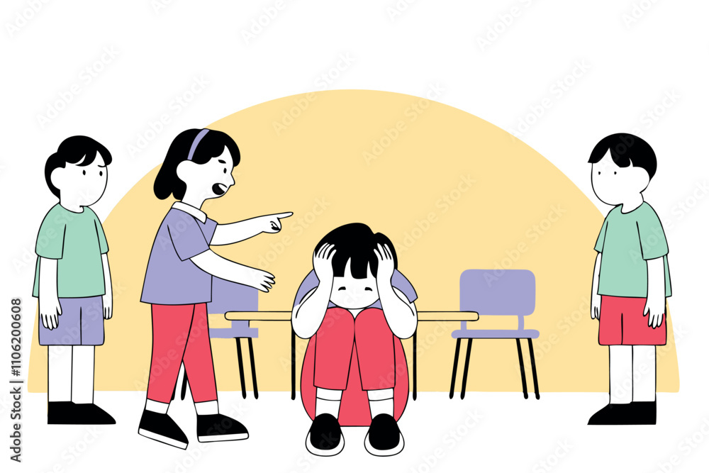 Sad school boy sitting on floor surrounded by classmates mocking him. Bullying concept Sad school boy sitting on floor surrounded by classmates mocking him. Bullying concept