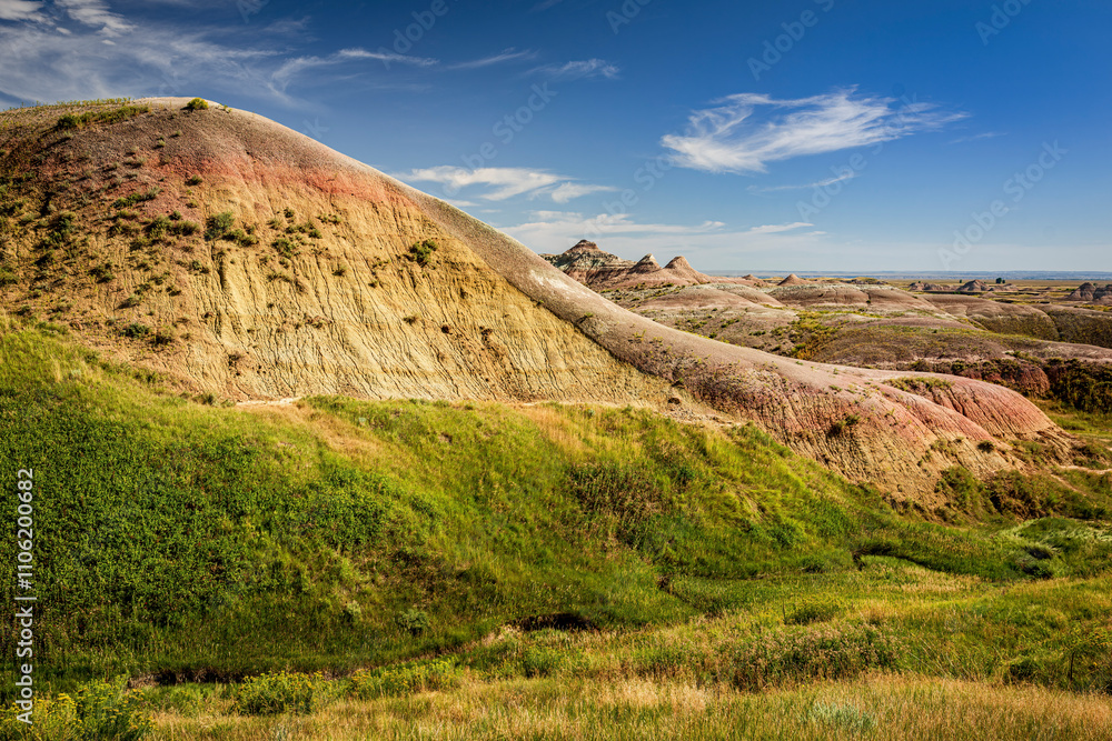 Rugged multi color plains, mountains and valleys of Badlands National Park near Wall, South Dakota