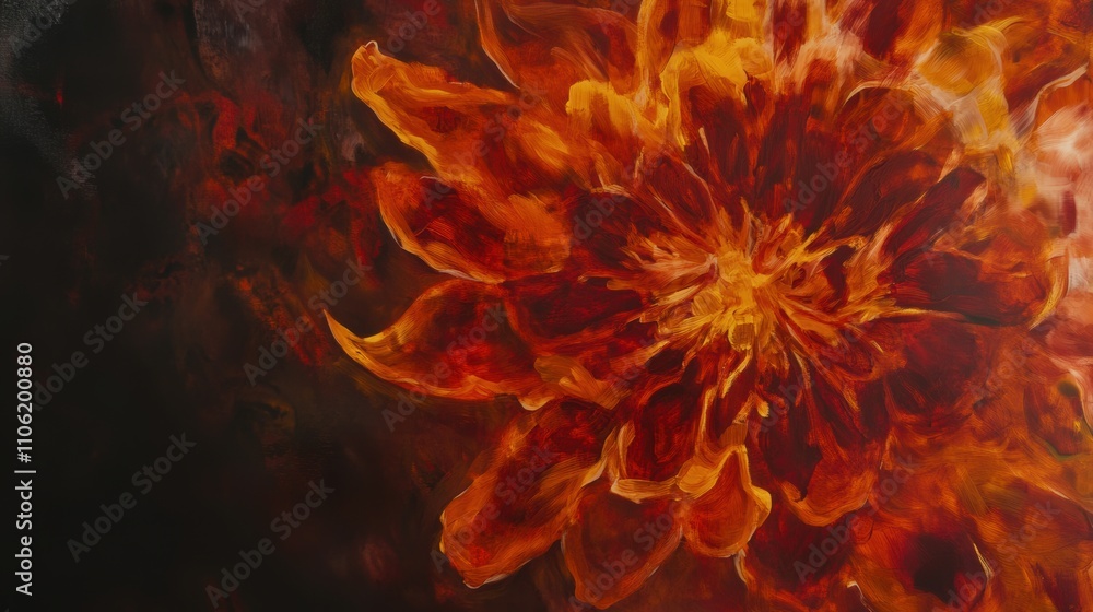 A fiery bloom of molten reds, oranges, and glowing gold radiates outward in intricate petal-like spirals, its edges illuminated against a smoky black backdrop, evoking cosmic energy. A fiery bloom of molten reds, oranges, and glowing gold radiates outward in intricate petal-like spirals, its edges illuminated against a smoky black backdrop, evoking cosmic energy.