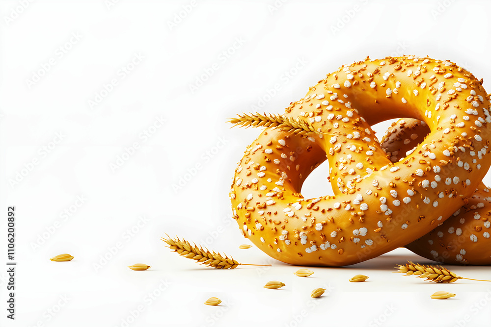 Delicious fresh baked pretzel on a clean backdrop with scattered wheat grains and highlights of sesame seeds, ideal for culinary and food photography projects Delicious fresh baked pretzel on a clean backdrop with scattered wheat grains and highlights of sesame seeds, ideal for culinary and food photography projects
