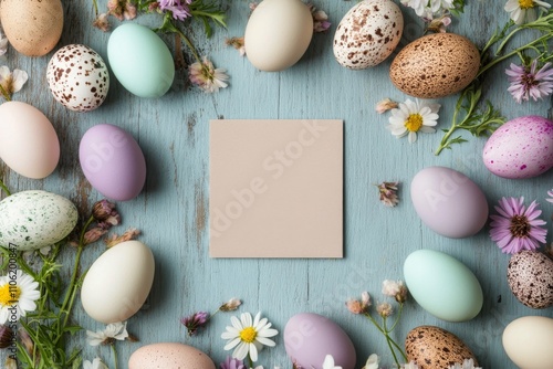 Colorful Easter eggs arranged around a blank card with flowers on a light blu...