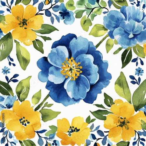 Vibrant floral pattern featuring blue and yellow flowers with green leaves in...