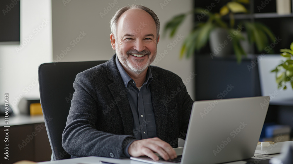 Smiling mature adult business man executive sitting at desk using laptop. Happy busy professional mid aged businessman ceo manager working on computer corporate technology in office Smiling mature adult business man executive sitting at desk using laptop. Happy busy professional mid aged businessman ceo manager working on computer corporate technology in office