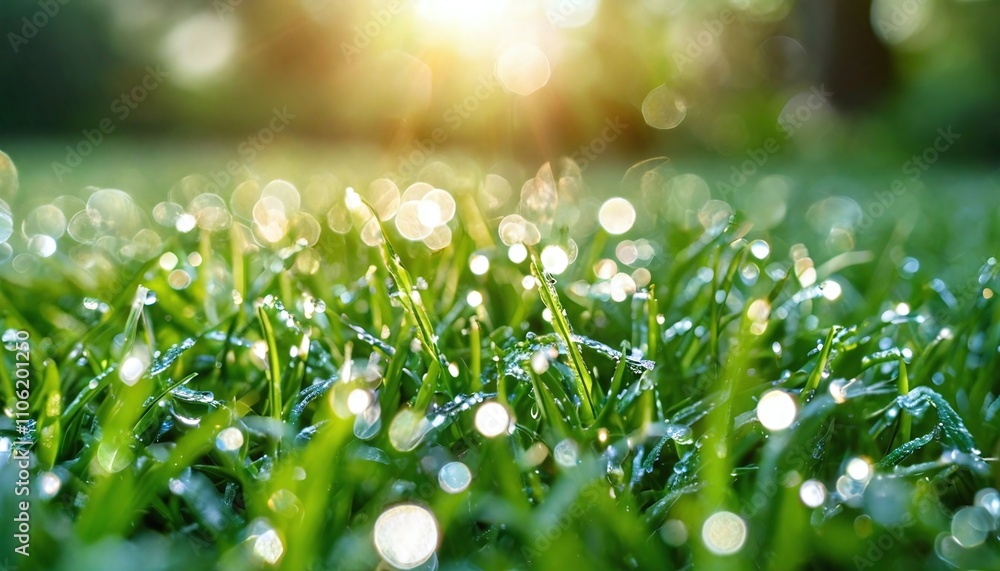 Naklejka premium “Dew on the Grass.” Small dew drops on fresh green grasses, soft morning light, translucent drops glisten in the sunlight.