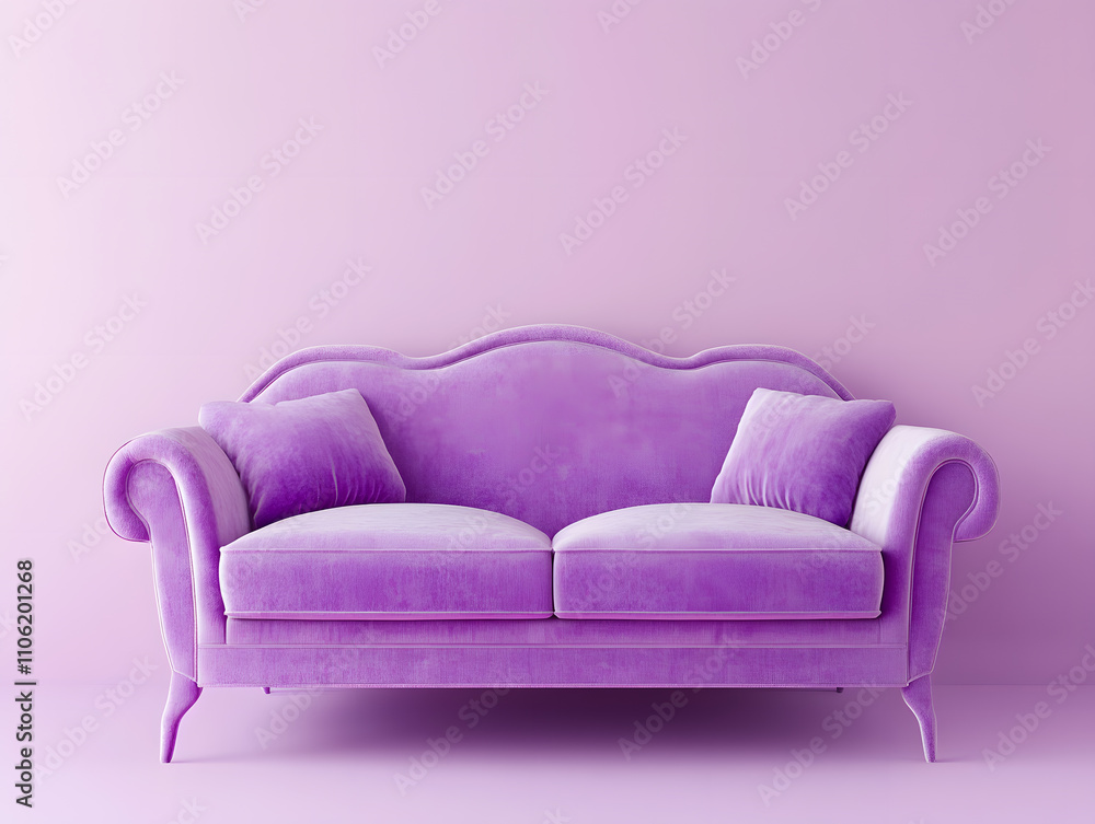 Lilac sofa on a lilac background with copy space. Neural network AI generated art Lilac sofa on a lilac background with copy space. Neural network AI generated art