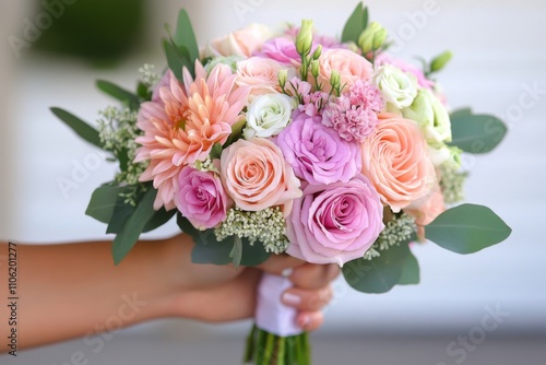Beautiful floral bouquet featuring pink and cream roses with greenery for spe...