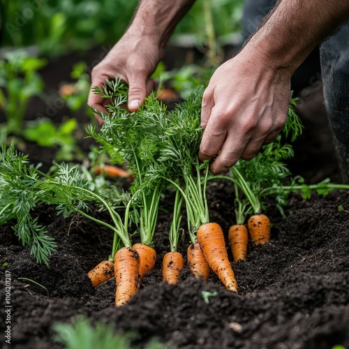 hands carefully pulling up ripe carrots from the soil