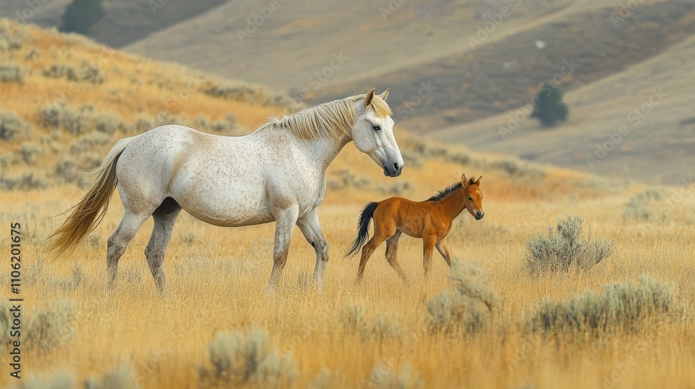 Obraz premium horse walking alongside her foal in a meadow