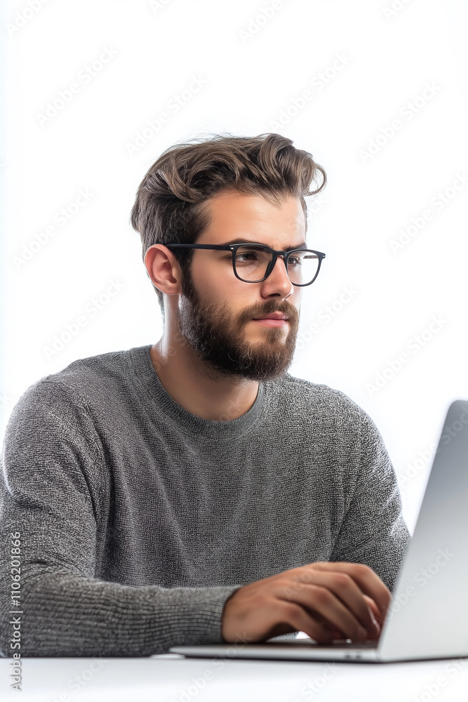 Young man focused on laptop display while working in a bright environment Young man focused on laptop display while working in a bright environment
