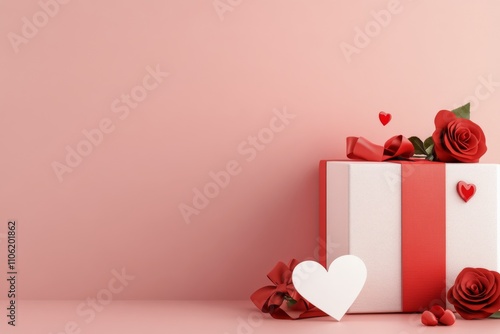 Gift box with rose and heart decoration for romantic occasion in soft pastel ...
