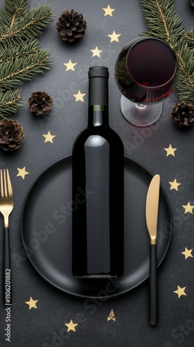 Elegant holiday dinner setting with wine and festive decorations on a dark table