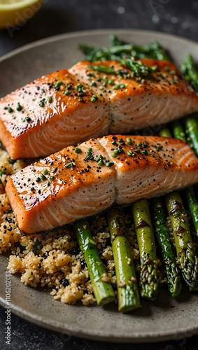 Grilled salmon plated with quinoa, asparagus, and lemon.