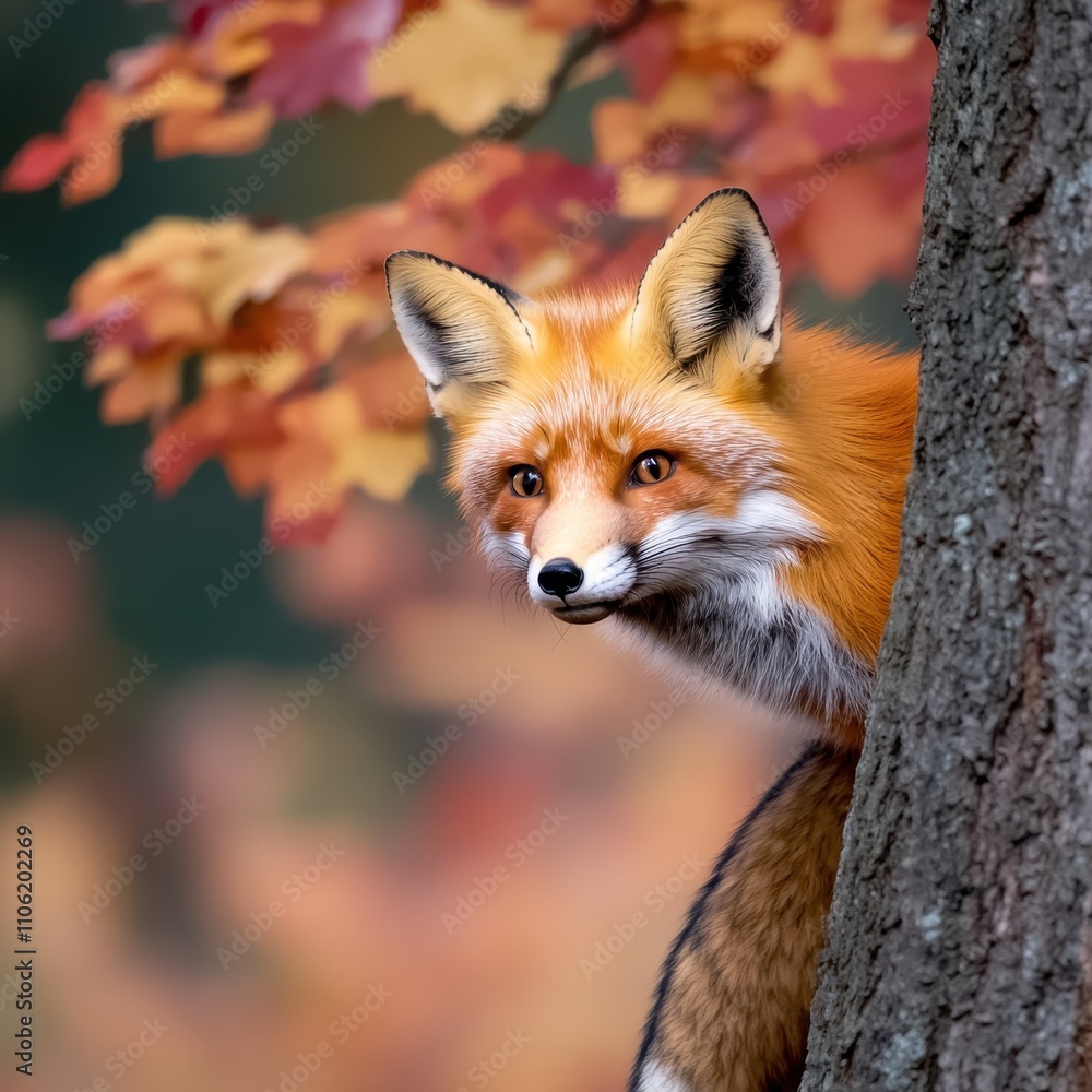 Obraz premium Captivating Close-Up of a Red Fox in Autumn Forest Surrounded by Colorful Leaves and Tree Bark, Showcasing Natural Beauty and Wildlife Behavior