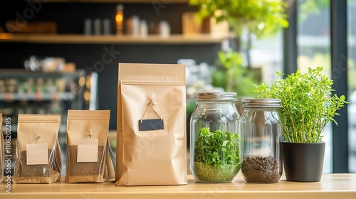 Wallpaper Mural Eco-friendly packaging of coffee beans and herbs in a cafe. Torontodigital.ca