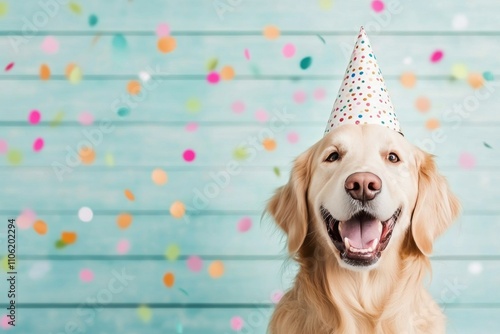 Happy dog in colorful party hat celebrating with confetti in a cheerful setting