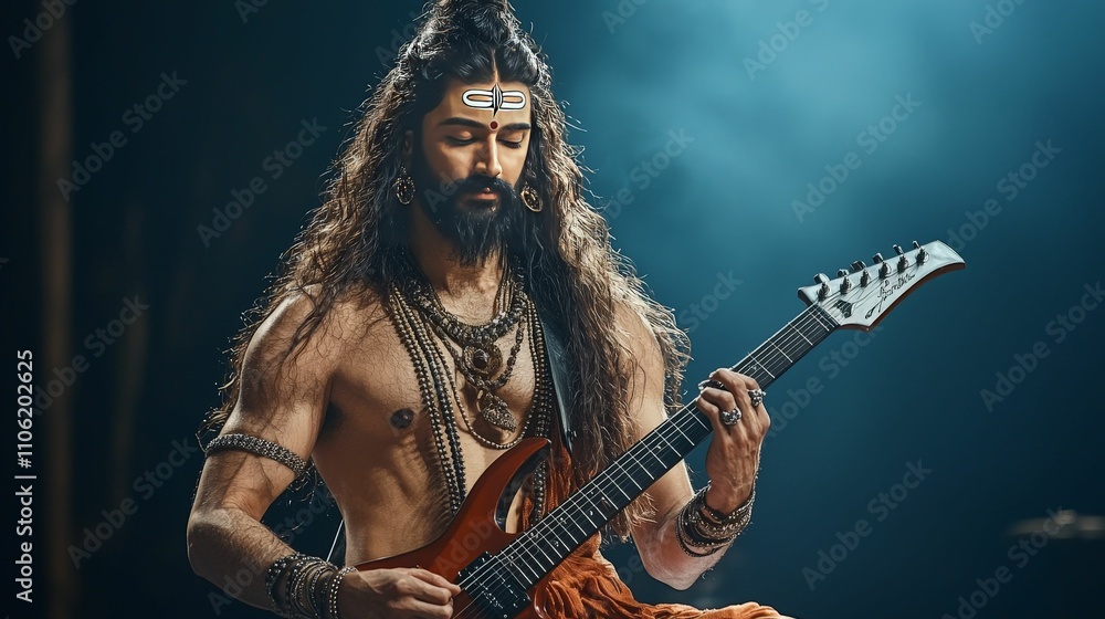 Hindu gods concept. A musician with long hair, adorned in traditional attire, plays an electric guitar, blending cultural elements with modern music. Hindu gods concept. A musician with long hair, adorned in traditional attire, plays an electric guitar, blending cultural elements with modern music.
