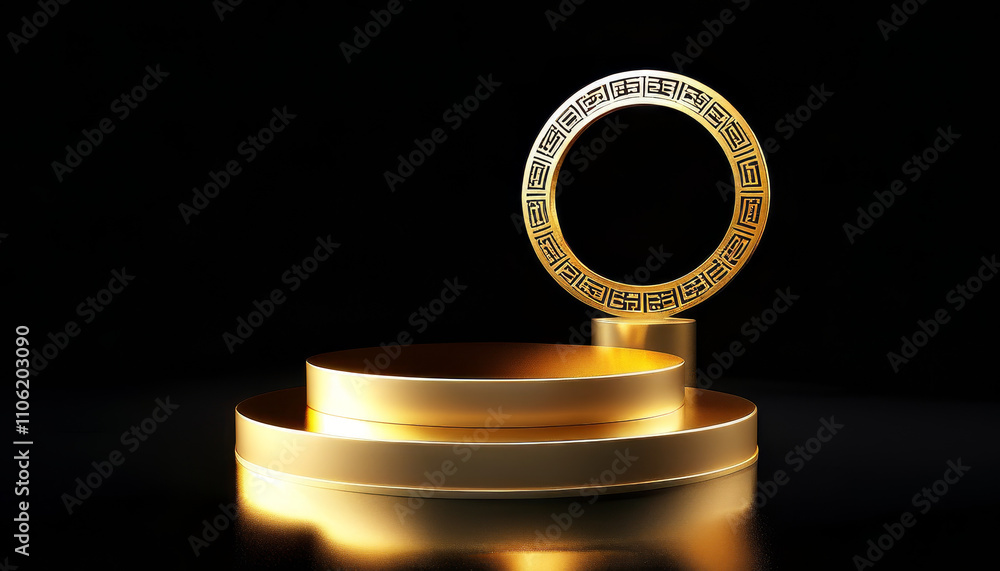 Golden Chinese product display podium mock up, black background, lunar new year luxury stan, Chinese display background, award pedestal, Asian shapes and patterns, ad, podium platform, product present Golden Chinese product display podium mock up, black background, lunar new year luxury stan, Chinese display background, award pedestal, Asian shapes and patterns, ad, podium platform, product present