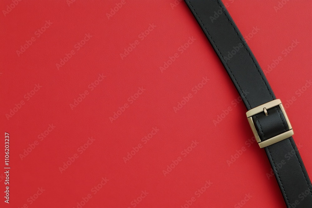 Black leather belt on a solid red background showcasing classic style and elegance in accessories Black leather belt on a solid red background showcasing classic style and elegance in accessories