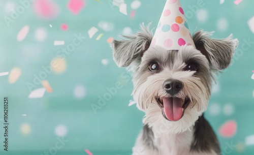 Happy dogs celebrating a festive birthday party with party hats and colorful ...