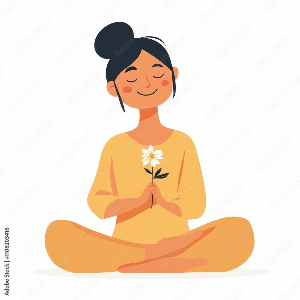 Serene woman meditates, holding a flower. Serene woman meditates, holding a flower.