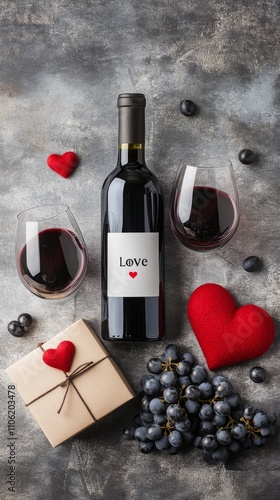 Romantic wine setup featuring red wine bottles and glasses for a special cele...