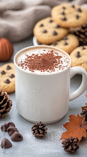 Warm chocolate chip cookies and hot cocoa served on a cozy winter table setting
