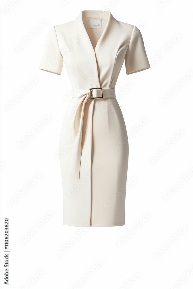 Cream short-sleeved belted sheath dress. Cream short-sleeved belted sheath dress.