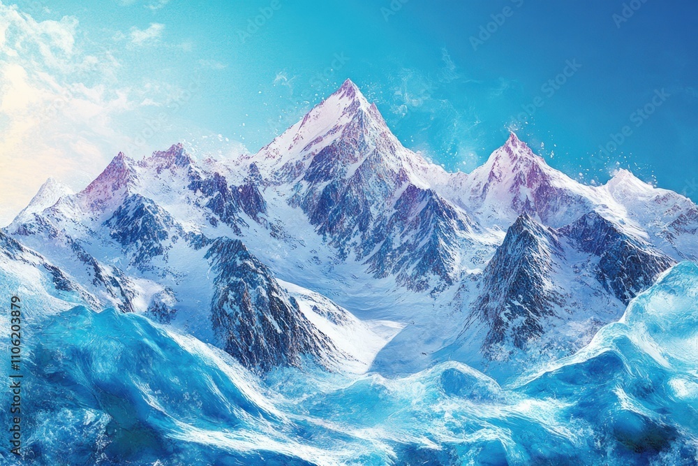 Obraz premium A stunning mountain landscape with snow-capped peaks and crashing waves in the foreground.