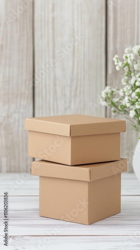 Stacked brown gift boxes on a wooden surface with a vase of white flowers nearby