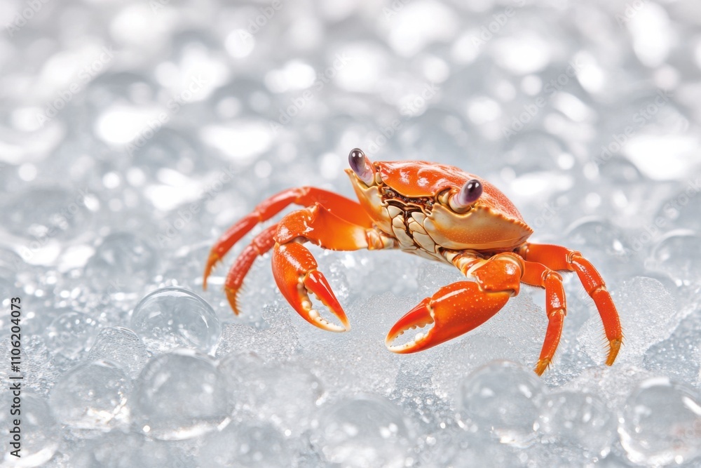 Close-up of a bright red crab resting on ice showcasing freshness in a seafood market environment Close-up of a bright red crab resting on ice showcasing freshness in a seafood market environment