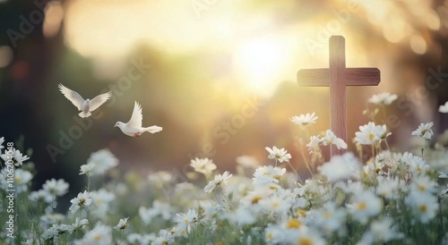 Cross surrounded by daisies with a bird perched at sunset