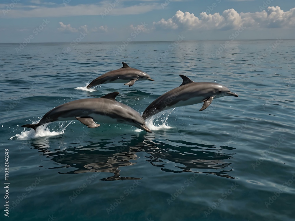 Fototapeta premium Group of dolphins swimming in the ocean, a stunning display.
