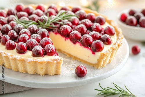 Festive cranberry tart with creamy filling and fresh rosemary decoration ready to serve photo