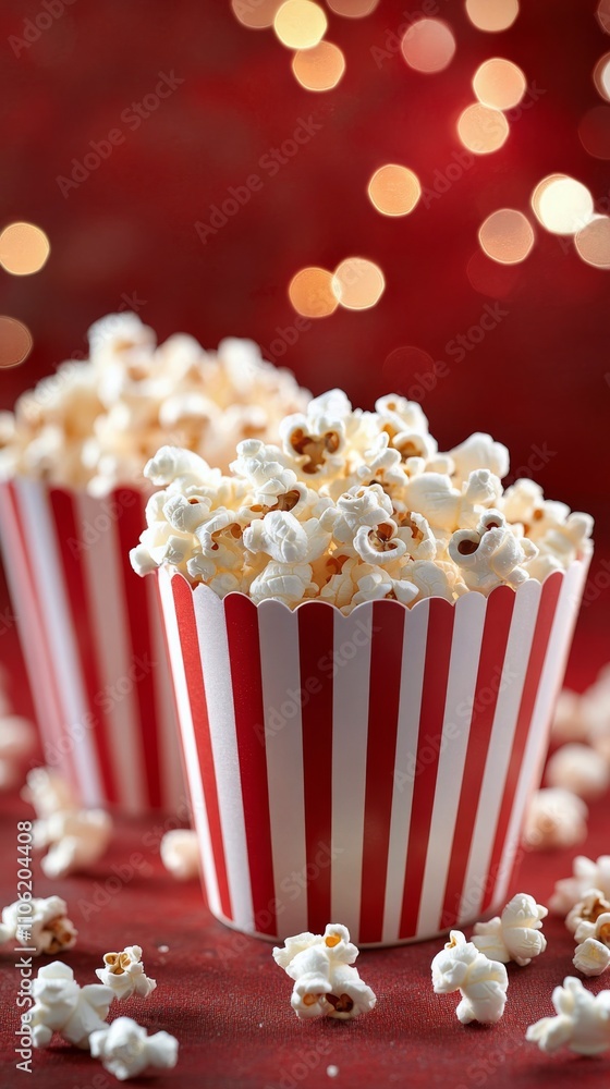 Popcorn stands out in striped containers against a vibrant red background with soft bokeh lights Popcorn stands out in striped containers against a vibrant red background with soft bokeh lights