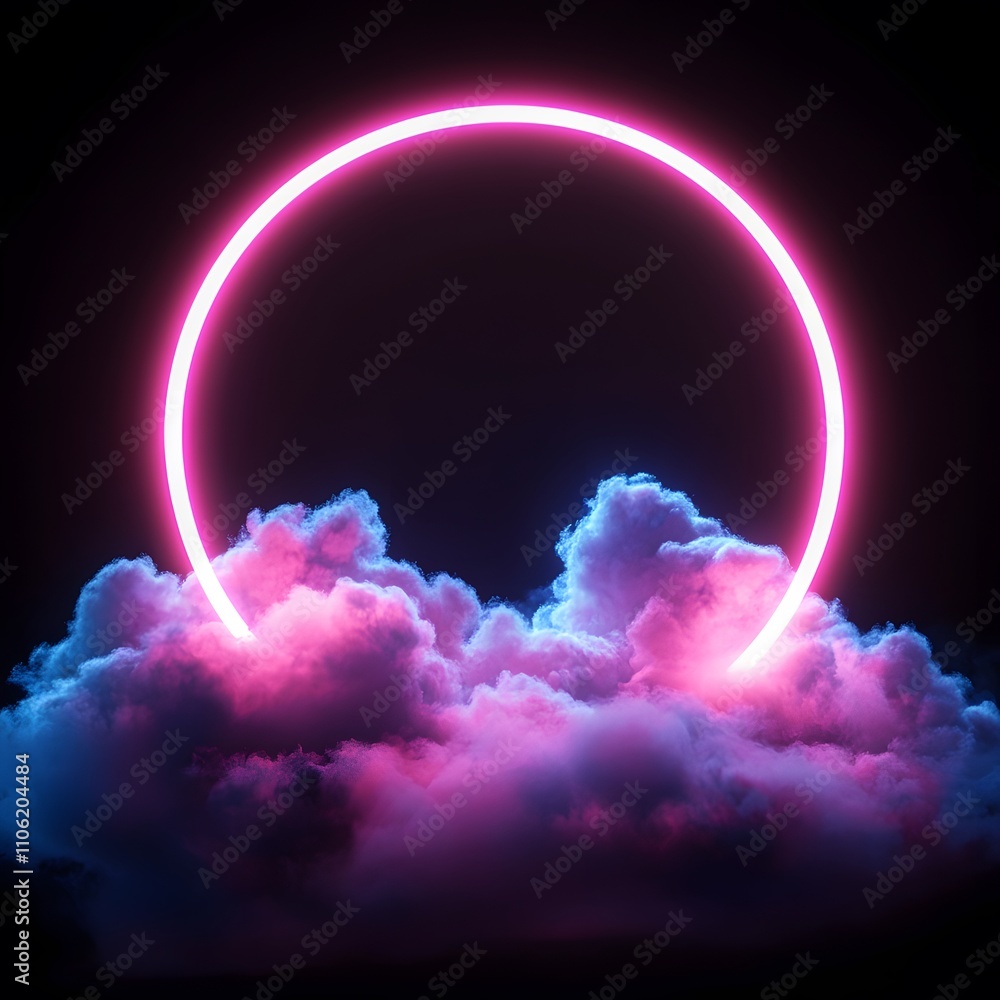 Fototapeta premium circle white frame with pink illuminated cloud, Generative Ai