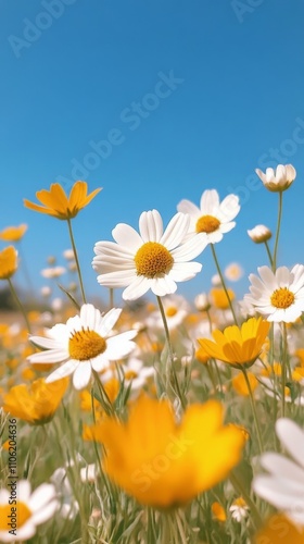 Colorful wildflowers bloom under a clear blue sky in a vibrant meadow during ...