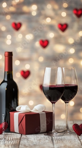 Romantic wine celebration with gift and hearts for a special occasion at night