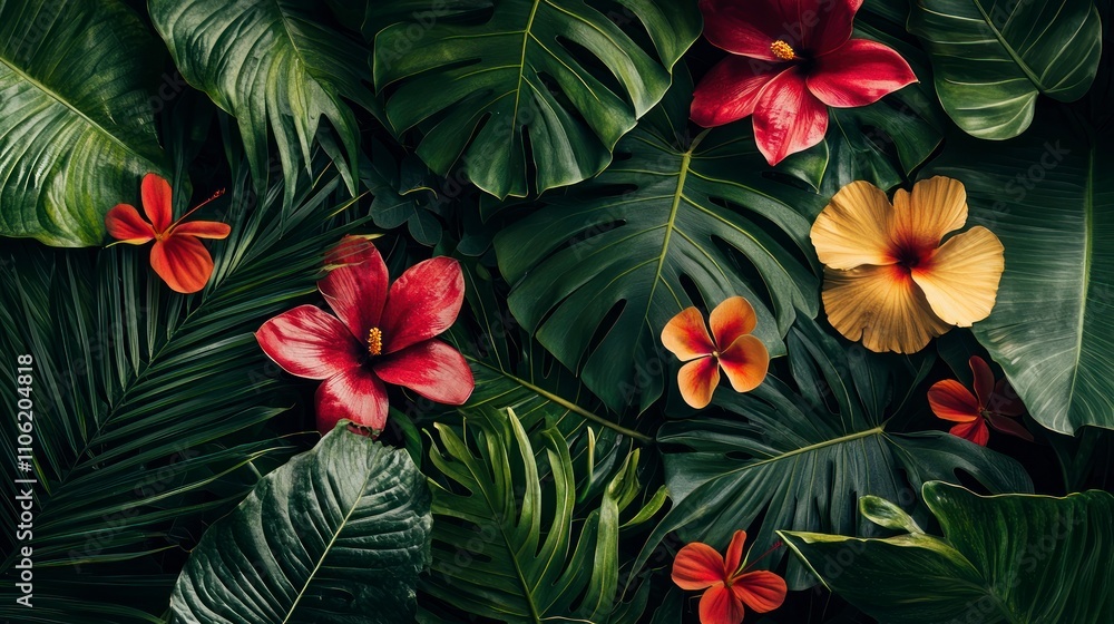Vibrant tropical flowers and leaves creating a beautiful natural pattern Vibrant tropical flowers and leaves creating a beautiful natural pattern