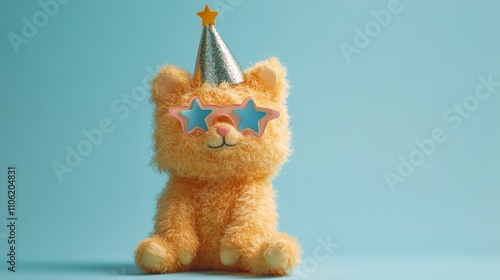 Cute dog wearing party hat and star shaped glasses celebrating a birthday or ...