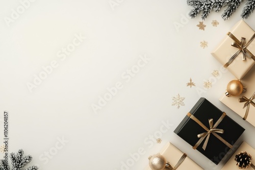 Elegant arrangement of golden gifts with festive decorations on a white backg...