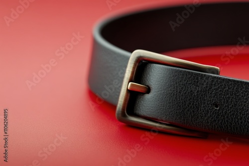 Close up of a black leather belt with a bronze buckle against a bright red ba...