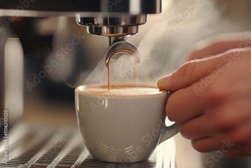 Brewing fresh coffee in a modern caf with steaming aroma rising from the cup