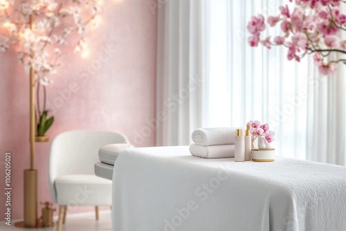 Relaxation area with soft decor featuring a massage table and elegant floral ...