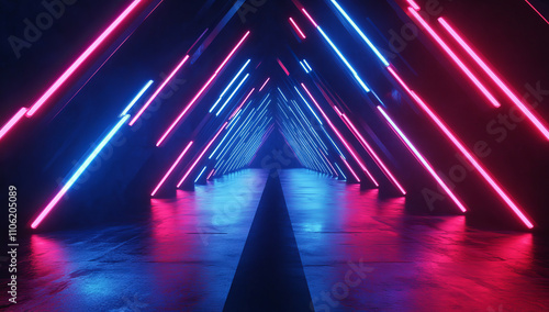 An abstract modern tunnel with bright glowing neon lights