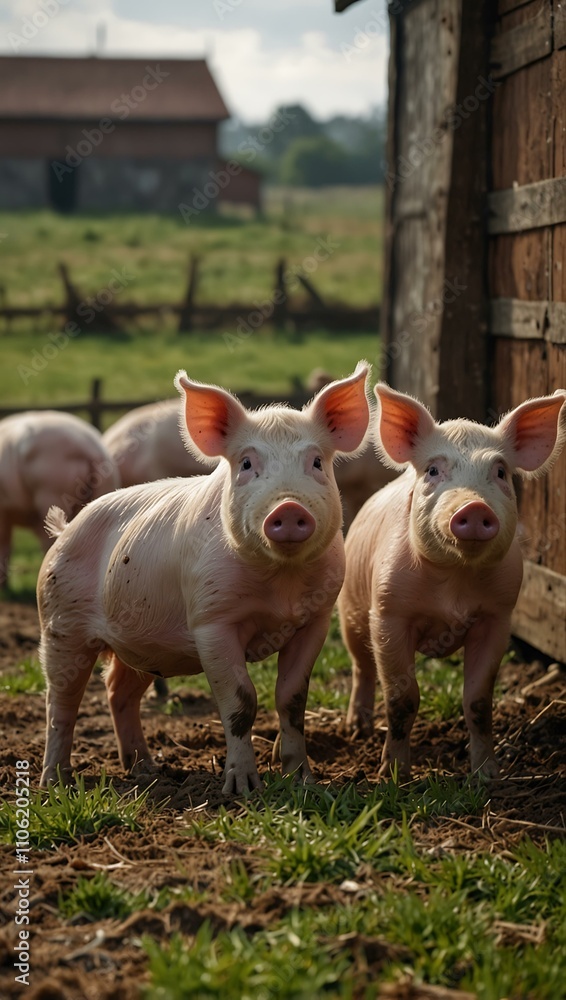 Group of pigs in a farmyard. Group of pigs in a farmyard.