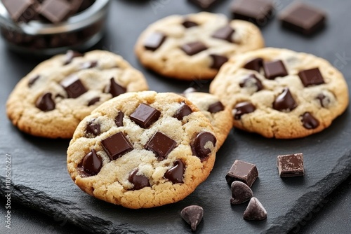 Freshly baked chocolate chip cookies arranged on a slate surface with scatter...